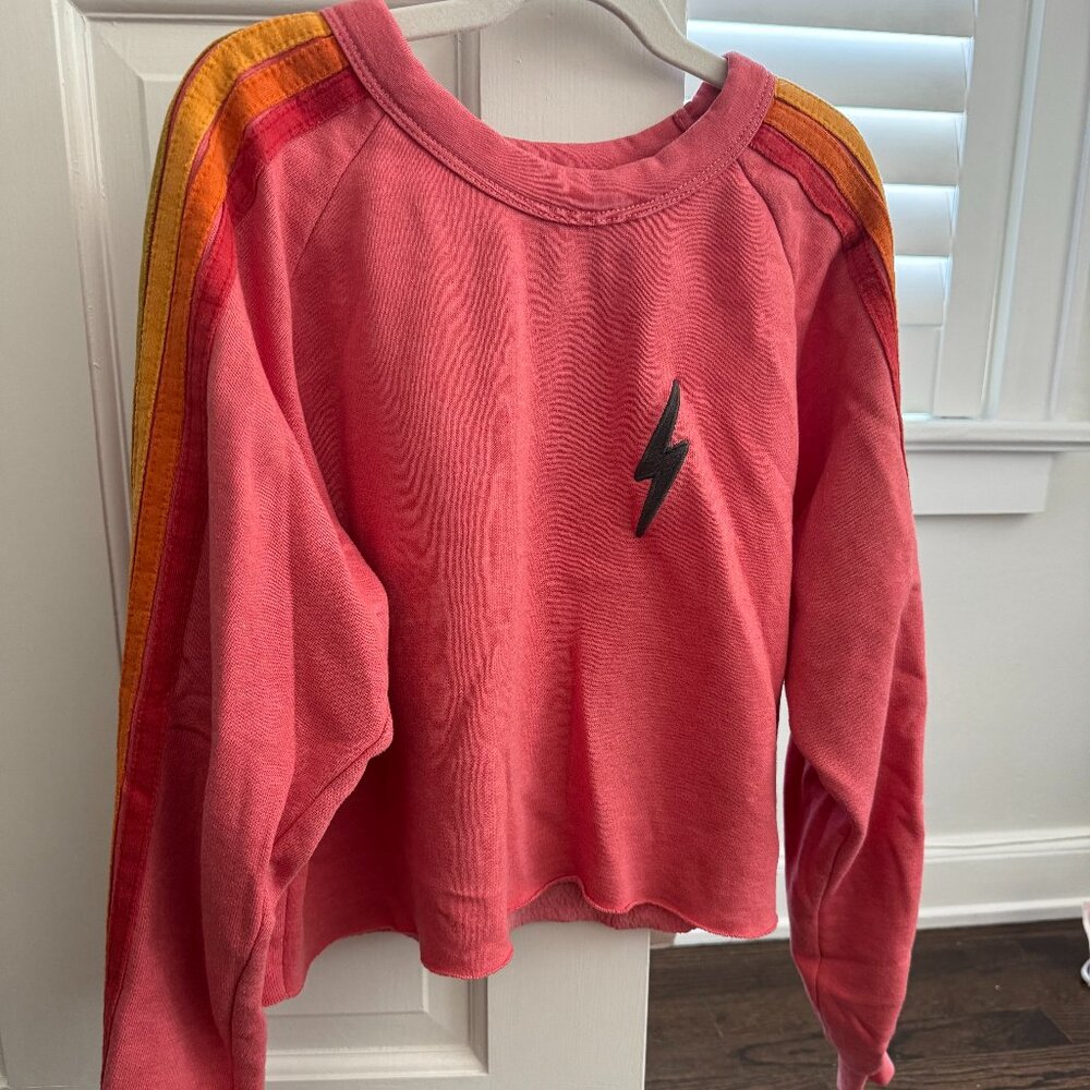 Aviator Nation Bolt Classic Cropped Crew Sweatshirt in Pink/Serape Rainbow